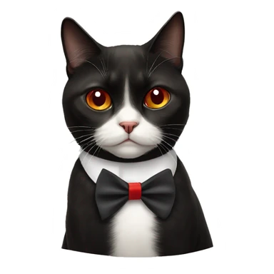 Grumpy black cat with white triangle marking only under the  chin ( nose is back, nose bridge is black, chin is white, chest is white) wearing a red bow tie  sticker
