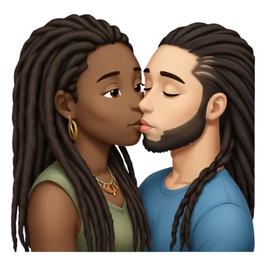 Latina Woman with long hair kissing a young black guy with dreads chin hair sticker