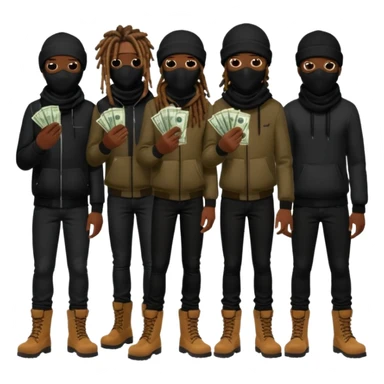 Group of African American men with dreadlocks wearing black ski masks covering their face wearing black skinny jeans and black timberland boots holding money and drugs sticker