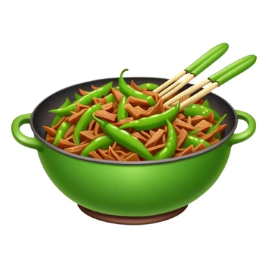 Green Pepper with Shredded Pork in wok, simplified emoji style with bold outlines and bright colors, cartoon style Qing Jiao Rou Si homestyle dish sticker