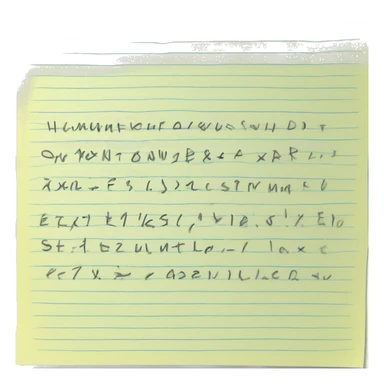 a square-shaped sheet of paper with neatly written text, lines highlighted with highlighter, smooth handwriting sticker