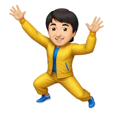 Cinematic Realistic Jackie Chan Pop Culture Emoji, depicted with playful agility and charismatic charm rendered with lifelike textures and vibrant, action‚Äêpacked lighting. sticker