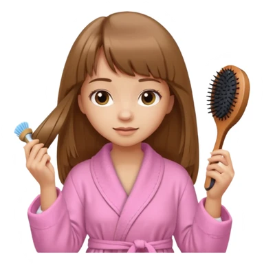 a girl with light skin and medium brown long hair with bangs who is brushing her hair with a hairbrush and she is wearing a light pink bathrobe sticker