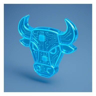 futuristic bull head logo, neon blue, digital circuit pattern, glossy circuit style sticker