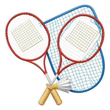 Two crossed badminton rackets with a shuttlecock resting in between, set against the faint outline of a badminton court. The image highlights the tools of the sport, with a subtle emphasis on the court's net and boundaries, symbolizing competition and skill. sticker