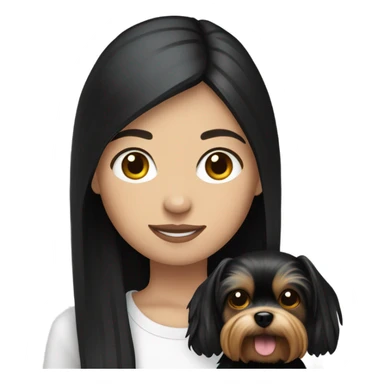 teenage white girl with black straight hair holding a yorkie dog sticker
