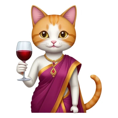 Cat wearing saree and wine bottle in one and wine glass in another hand sticker
