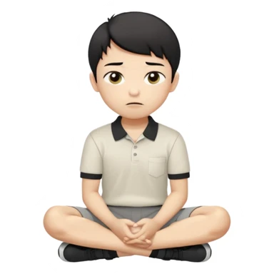 A cartoon young Asian boy with short black hair, light beige skin, and large expressive eyes, wearing a white polo shirt, gray pants, and black shoes. He sits cross-legged on the ground, one fist resting on his cheek, with a closed-mouth smirk. Clean lines, flat colors, solid black background. sticker