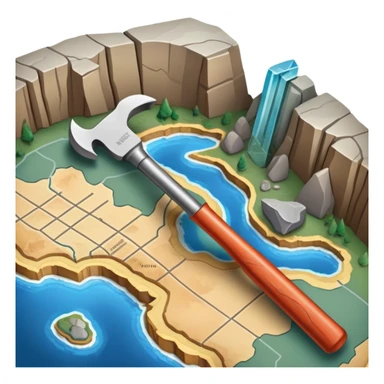 An icon featuring a crowbar and chisel, a geological map, and layers of Earth’s crust, symbolizing geology. The design includes mineral samples, fossils, and tectonic plates, representing the study of Earth’s structure and natural processes. Transparent background highlights geological exploration sticker