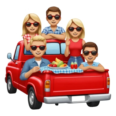 People having a picnic in the back of a red pick up truck sticker