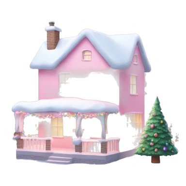 Pastel pink house with snow and Christmas lights and Christmas trees￼ sticker