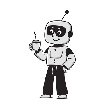 A hand-drawn robot character happily holding a coffee mug sticker