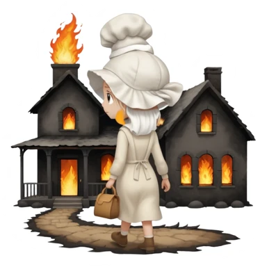 handmaids tale style woman burning house down walking away from house. shes wearing the nun hands maid tale hat cant see her face sticker