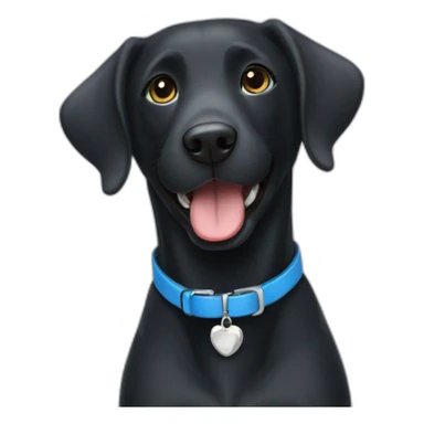 Happy Black Labrador wearing a blue collar with a bone shaped name tag sticker
