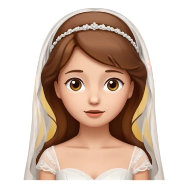 Brown-haired bride in a white wedding dress and veil, eyes looking upward with a curious expression, cute emoji style. sticker