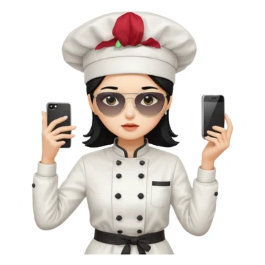 ["A sad woman with light skin, straight hair, wearing a chef hat and sunglasses, dressed in K-pop fashion, is dancing while holding a phone."] sticker