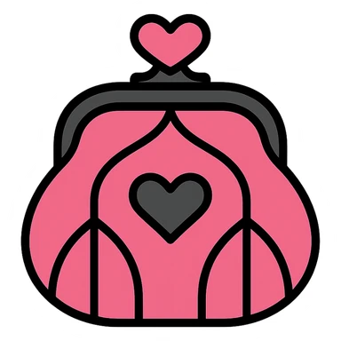 pink and black gothic coin purse, modern, clean lines, minimalistic, with a heart accent sticker