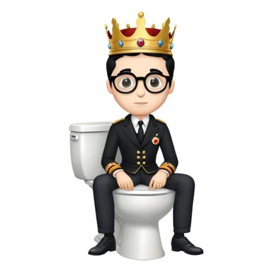 King Charles III with royal crown sitting on a toilet, wearing round glasses and black hair sticker
