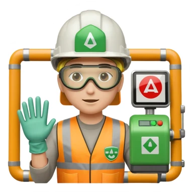 emoji-style icon of industrial worker in PPE helmet goggles gloves next to press machine with green shield symbol safety barriers subtle warning signs warning and stop signs clean clear modern look yellow orange gray green colors sticker