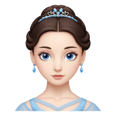 Realistic Ballerina Portrait, with porcelain-like skin featuring a natural rosy flush, illuminated by soft lighting that highlights the gentle contours of her face. Her Brunette hair flows in soft, Her deep blue eyes radiate warmth and innocence, framed by arched brows and long lashes. sticker