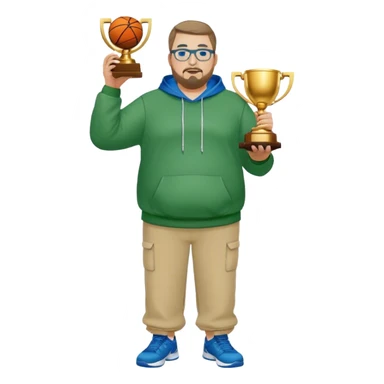  full body white obese male basketball coach with trophy. Goatee , Wearing glasses and blue and green hoodie and khaki pants sticker