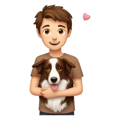 boy with brown hair holding a tan border collie with love hearts around them  sticker