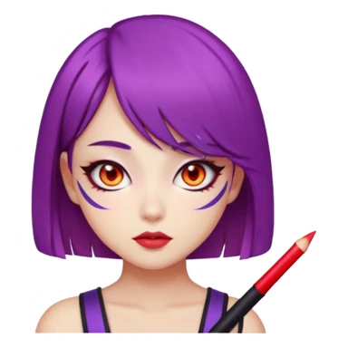 fierce K-pop warrior girl emoji face with sleek violet hair in a sharp bob, glowing red almond-shaped eyes, bold eyeliner, calm but intense expression sticker