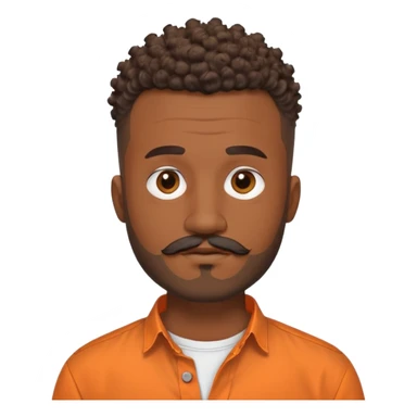 
"Brown adult man (around 24), curly mohawk with shaved sides, beard and mustache. Wearing an orange collarless round-neck button-up shirt. No teenage or old features."

 sticker