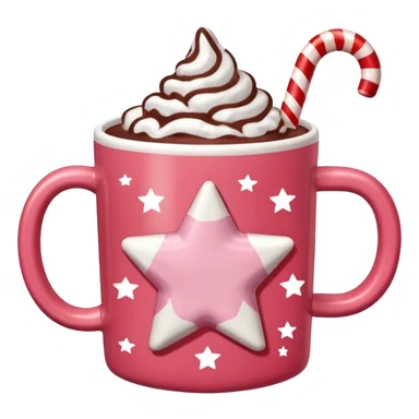 hot chocolate in red and pink pastel christmas mug with stars and candy cane, trendy aesthetic sticker