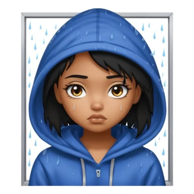generate a pretty bratz brown skinned girl with messy black hair looking out of the rainy window, looking very sad sticker