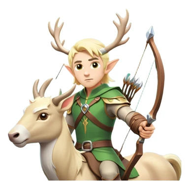clash-of-clans-aesthetic-blond-male elf-archer-portrait-emoji, rendered in a flat, vector-style with minimal shading and bold, simplified shapes, head tilted slightly forward with a determined, focused expression, riding a majestic white stag whose antlers glow with mystical energy, set against an ancient, enchanted forest backdrop. sticker