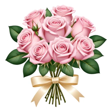 Romantic bouquet of pastel pink roses tied with an ivory satin ribbon, delicate golden sparkles. sticker