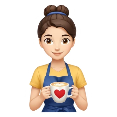 Cute brunette barista girl with hair in a bun wearing yellow shirt and dark blue apron, she's relaxed and making heart-shaped latte art, smiling at the coffee cup with a heart design in the foam sticker