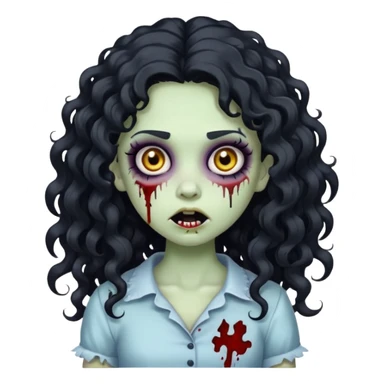 cute cartoon zombie girl with long black curly hair and a white streak, creepy face, makeup details, iPhone emoji style sticker