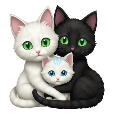 Black cat with green eyes cuddling next to small white kitten with blue eyes  sticker