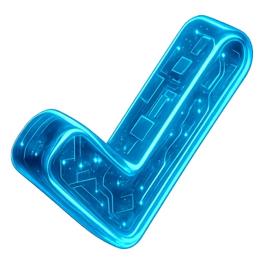 A glowing neon blue cyberpunk style checkmark icon with a circuit board pattern, futuristic design sticker
