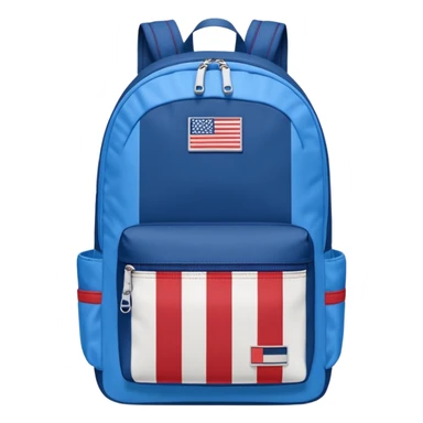 simple blue backpack, at the bottom pocket there is a  one tommyjeans logo featuring a Tommy Jeans-inspired logo. The logo looks like a vertically-striped American flag in red, white. The flag stripes are vertical, not horizontal. Flat

 sticker