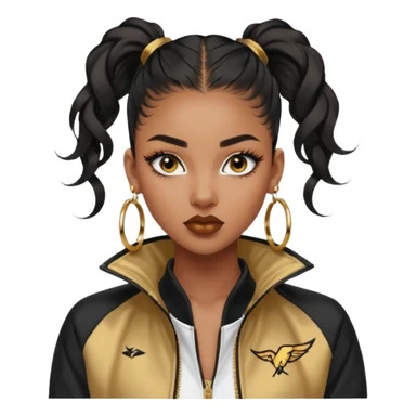 “black Emoji girl, fierce confident expression, sharp black winged eyeliner, bold brows, matte nude lips, long curled lashes, sleek high ponytail, gold hoop earrings, sporty streetwear jacket.” sticker