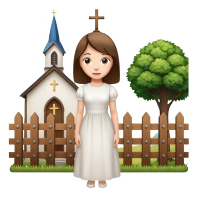 woman next to a church, surrounded by a fence sticker