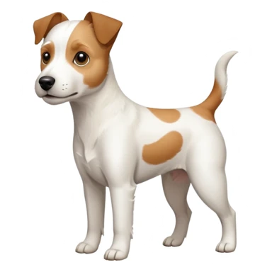 a full body white parson russell looking dog the size of a kelpie with light brown ears and a light brown patch on one eye and a large snout sticker