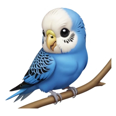cinematic-cute-blue-budgie-portrait-emoji,-head-tilted-playfully-and-inquisitively,-featuring-a-brilliant-blue-feathered-fur-and white and black feathered face-with-a-natural-sheen,-round,-sparkling-dark-eyes-filled-with-curiosity,-simplified-yet-irresistibly-adorable sticker