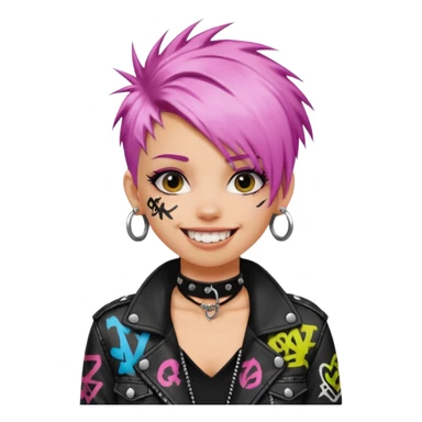 a punk girl with neck-length dyed hair and wear a punk graffiti jacket with black choker grin playfully  sticker