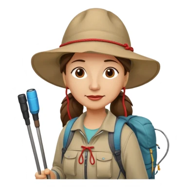 Middle aged women, long brown ponytail with wide brim hiking hat. With backpack and trekking poles. Backpack has a scallop shell with the cross of saint james hanging from it.  Remove the cross and add a scallop shell on a red string hanging from the backpack  sticker