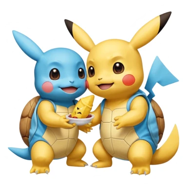  Pikachu has a light to share, but Squirtle has none. Pikachu sees this is unfair, so he shares the light with Squirtle. They smile and eat together. Show this as a cute Pokémon emoji scene about justice and fairness.

 sticker