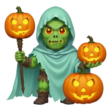 male orc warrior ghost emoji, green skin, wearing torn white ghost sheet costume, holding glowing jack-o'-lantern, faint blue aura, friendly but spooky expression, Halloween fantasy theme, Apple emoji style, clean white background, square sticker