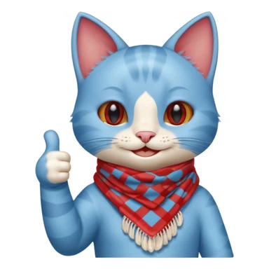A Baby Blue Cat smiling and giving thumbs up, wearing red Checkered Triangle scarf sticker