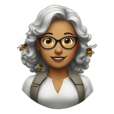 a strong women with round glasses, with bees sticker