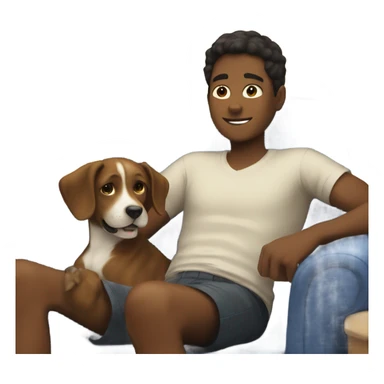boy relaxing with dog indoors sticker