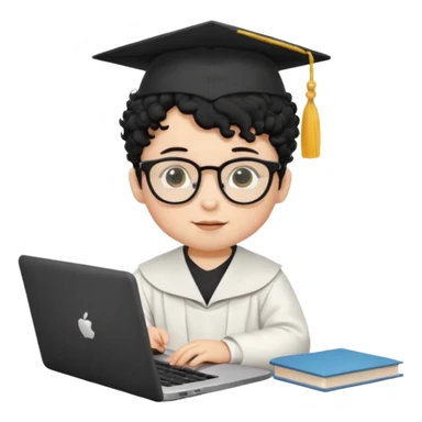 A baby boy DEVELOPER WITH A laptop, black curly hair and topknot, wearing glasses and a mortarboard sticker