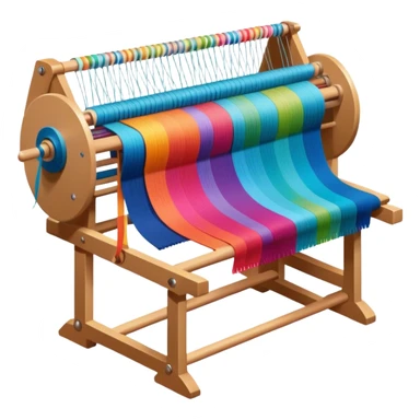 Weaving icon, loom with colorful fabric being woven, visible shuttle, spools of yarn, fabric swatches, sewing patterns, and finished clothes, minimalistic style, clean lines, transparent background. sticker